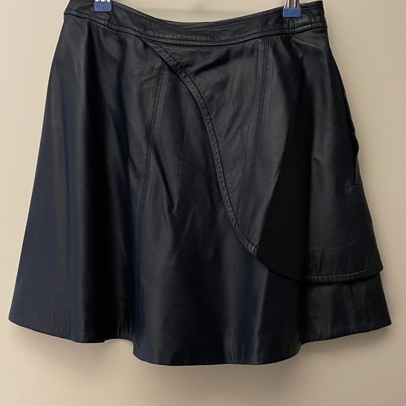 ICB Navy Flare Casual Side Zipper Genuine Sheepskin Leather Mini Skirt - Picture 4 of 5